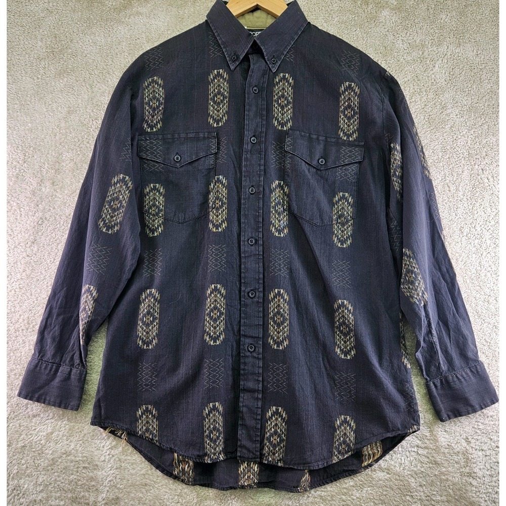 Vintage Roper Mens L Western Shirt Charcoal Grey Aztec Button Up Made in USA